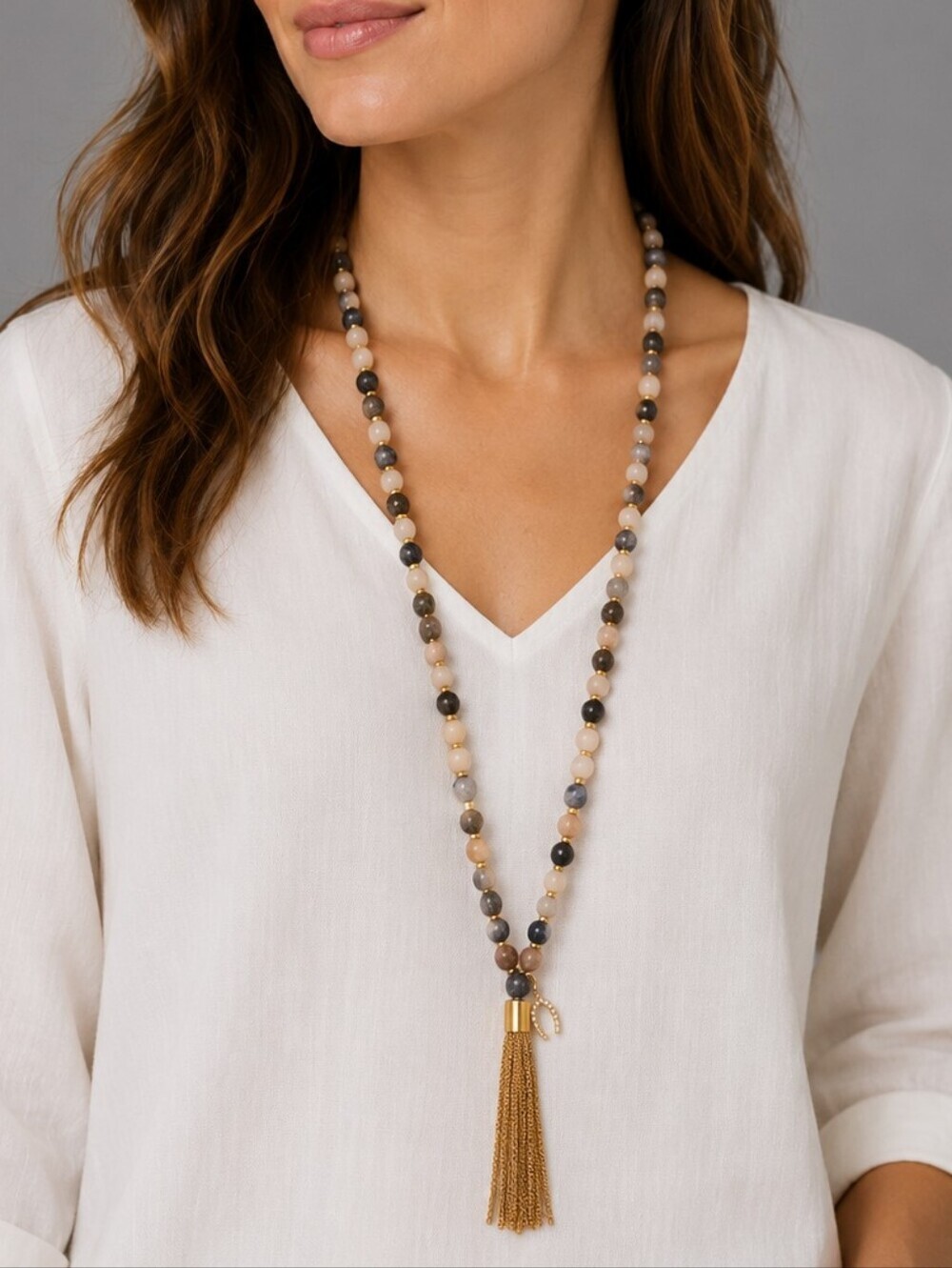 WHITE HOUSE BLACK MARKET Mixed Gemstone Wishbone Chain Tassel Pendant Necklace